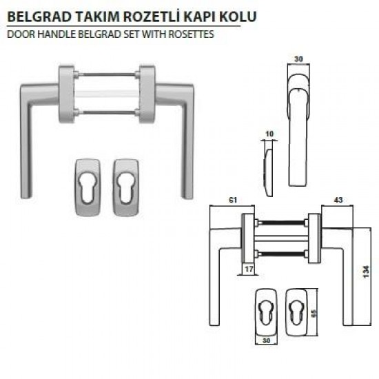 Belgrad Rozetli Kapı Kolu Takımı - Boya Eloksal Gümüş 