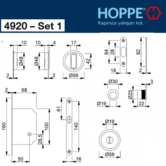 Hoppe Ahşap Kayar Sürgü Kapı Kilit/Kulp Seti -  WC Tipi 4920-1 - F94-1 satine gümüş