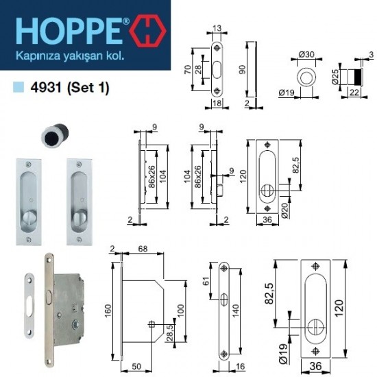 Hoppe Ahşap Kayar Sürgü Kapı Kilit/Kulp Seti - WC Tipi 4931-1 - F1 Gümüş Eloksal